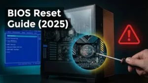How to reset BIOS on motherboard step by step in 2025 – PC inside view with CMOS battery and BIOS screen