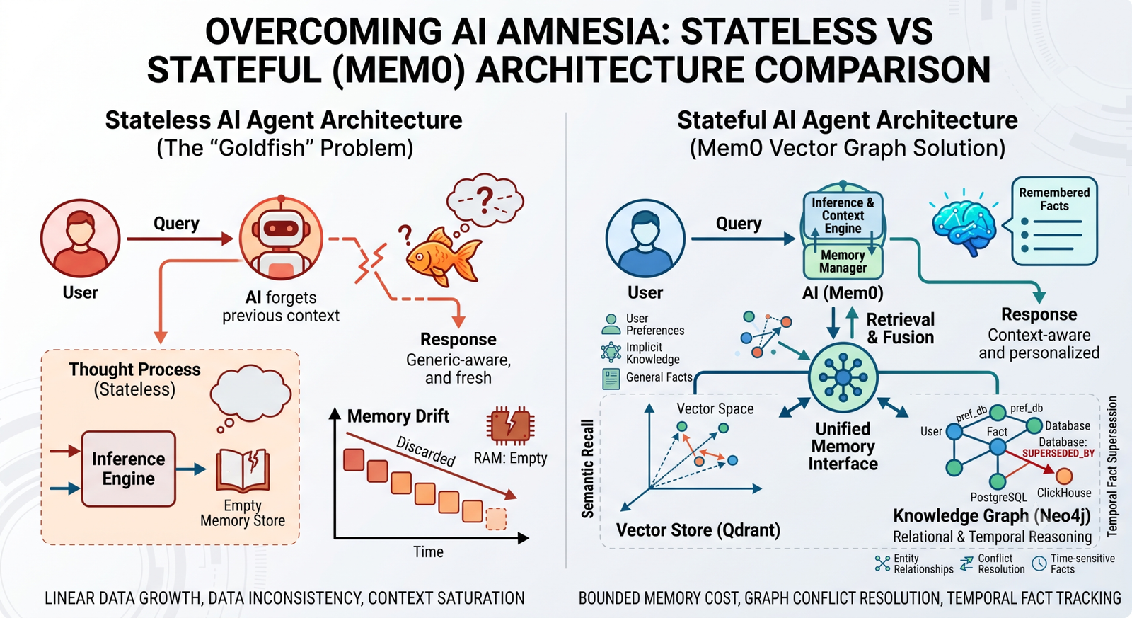 Diagram showing AI agent memory problem — stateless vs stateful architecture comparison
