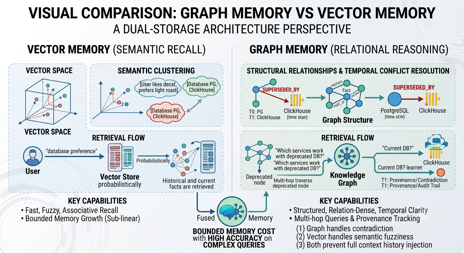 Graph memory vs vector memory comparison chart for LLM agent architectures