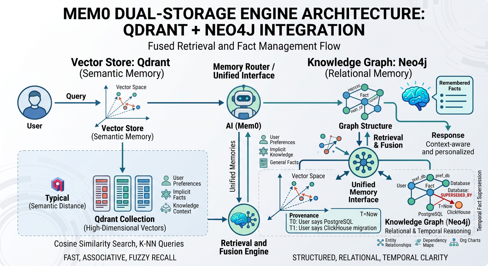 Mem0 vector graph memory architecture showing Qdrant vector store and Neo4j knowledge graph dual engine