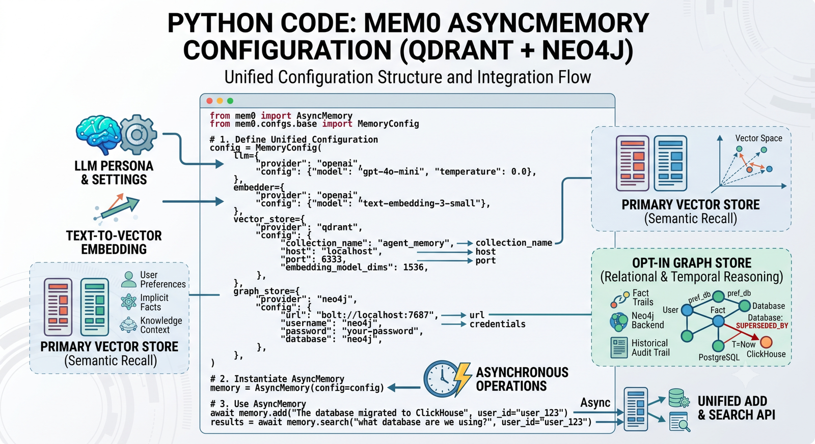 Python code example for Mem0 AsyncMemory configuration with Qdrant and Neo4j
