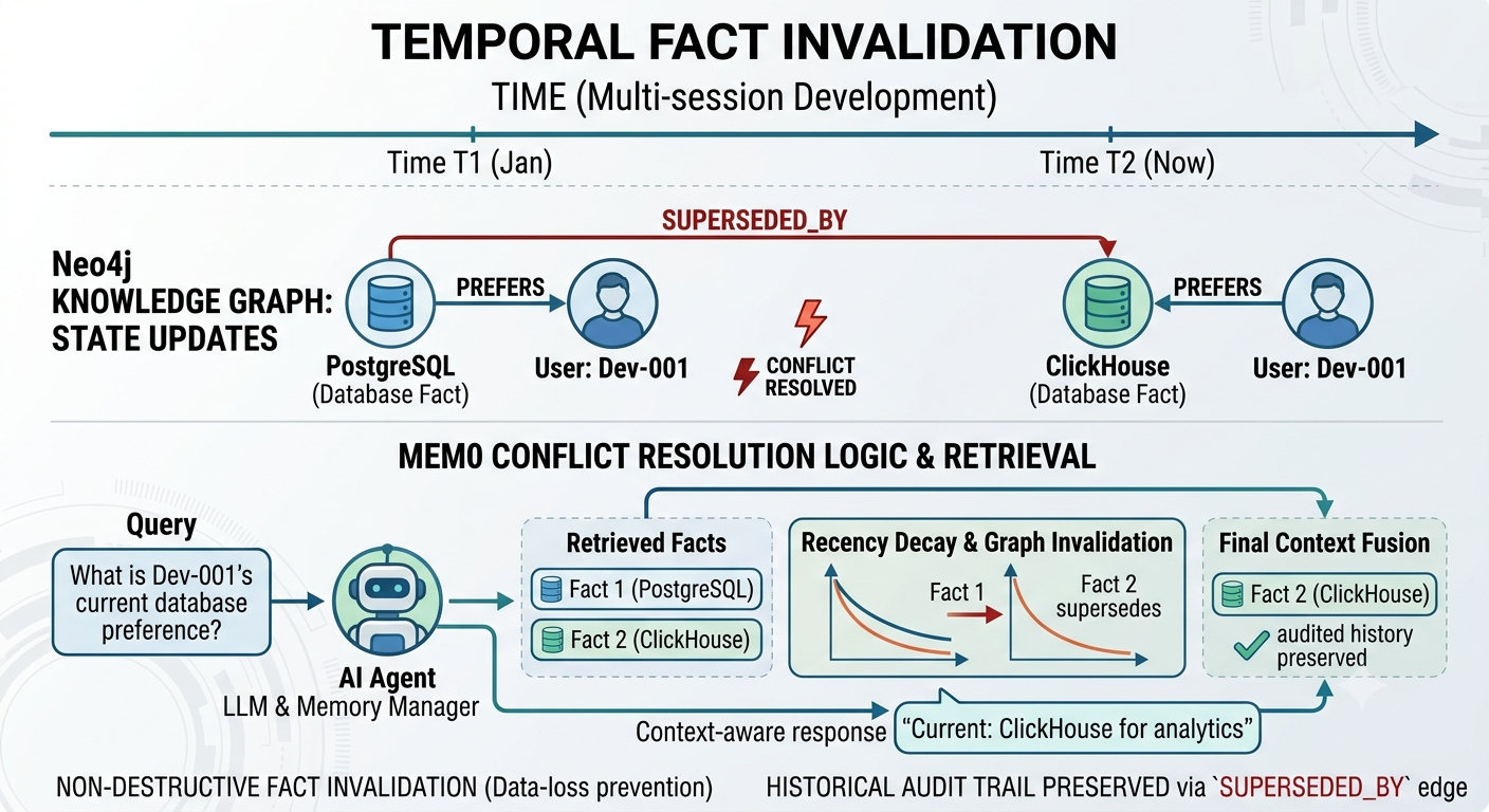 Temporal fact invalidation diagram showing SUPERSEDED_BY edge in Neo4j knowledge graph