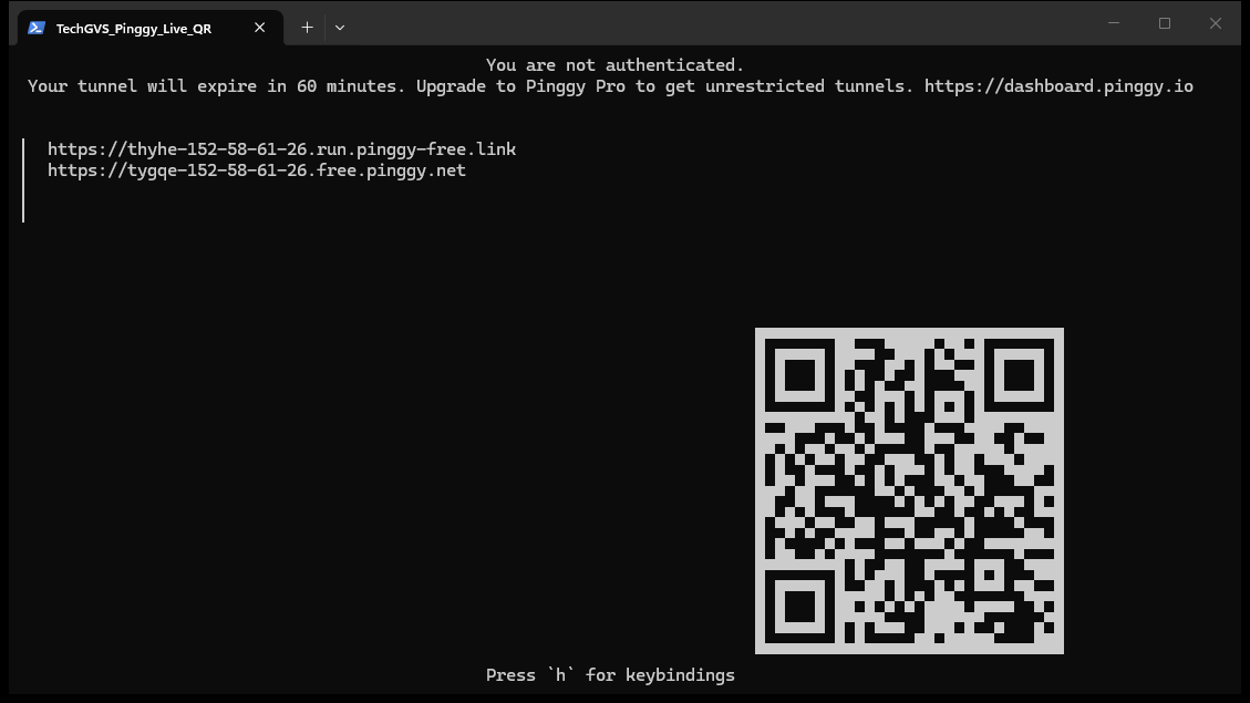 Windows PowerShell executing Pinggy zero-install tunnel showing live ASCII QR code and public HTTPS URL
