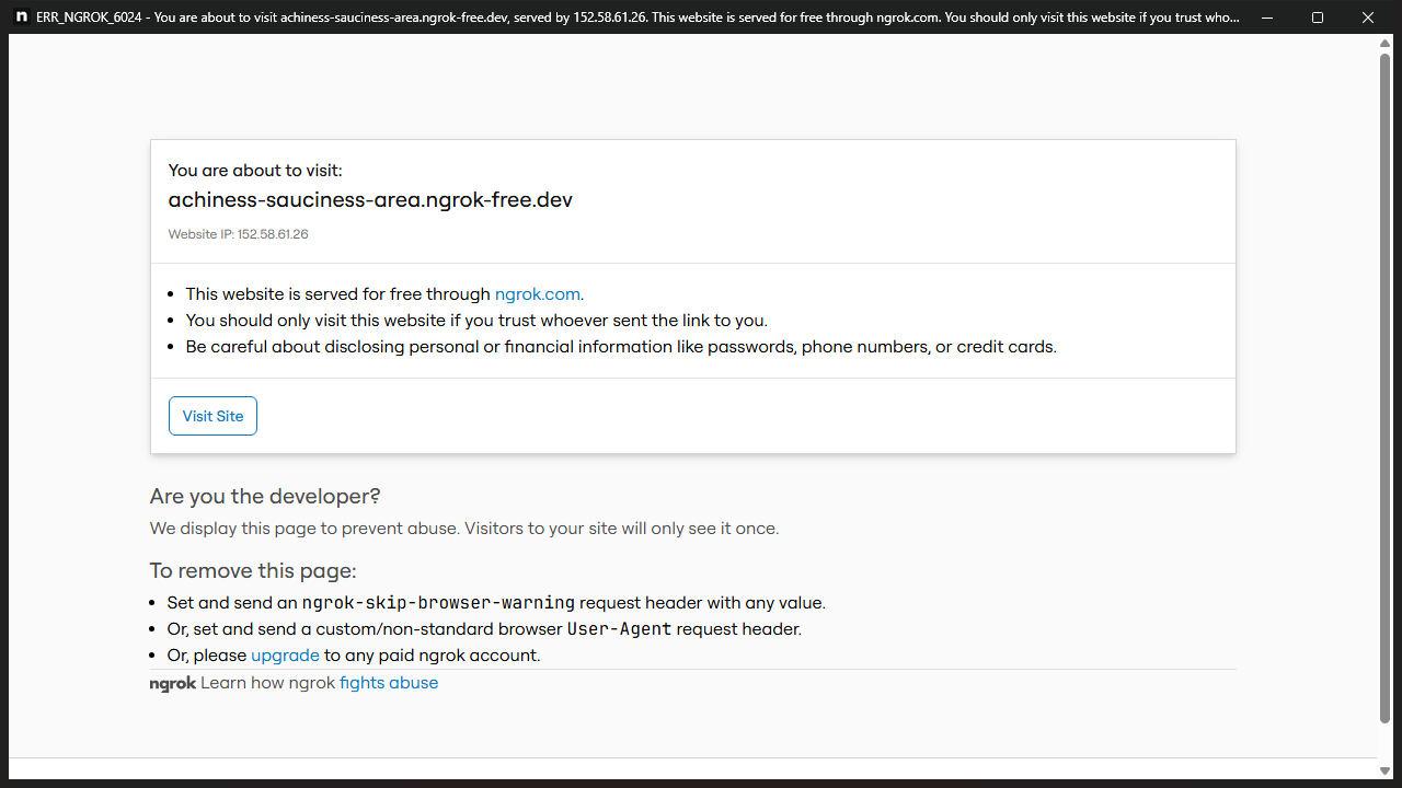 Side-by-side mobile comparison showing Ngrok interstitial warning screen vs Pinggy clean direct app load