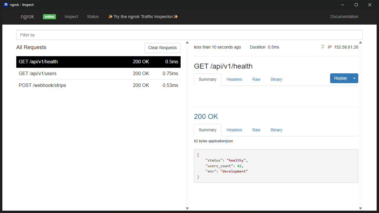 Ngrok web interface running on localhost:4040 showing live webhook inspection and request replay functionality