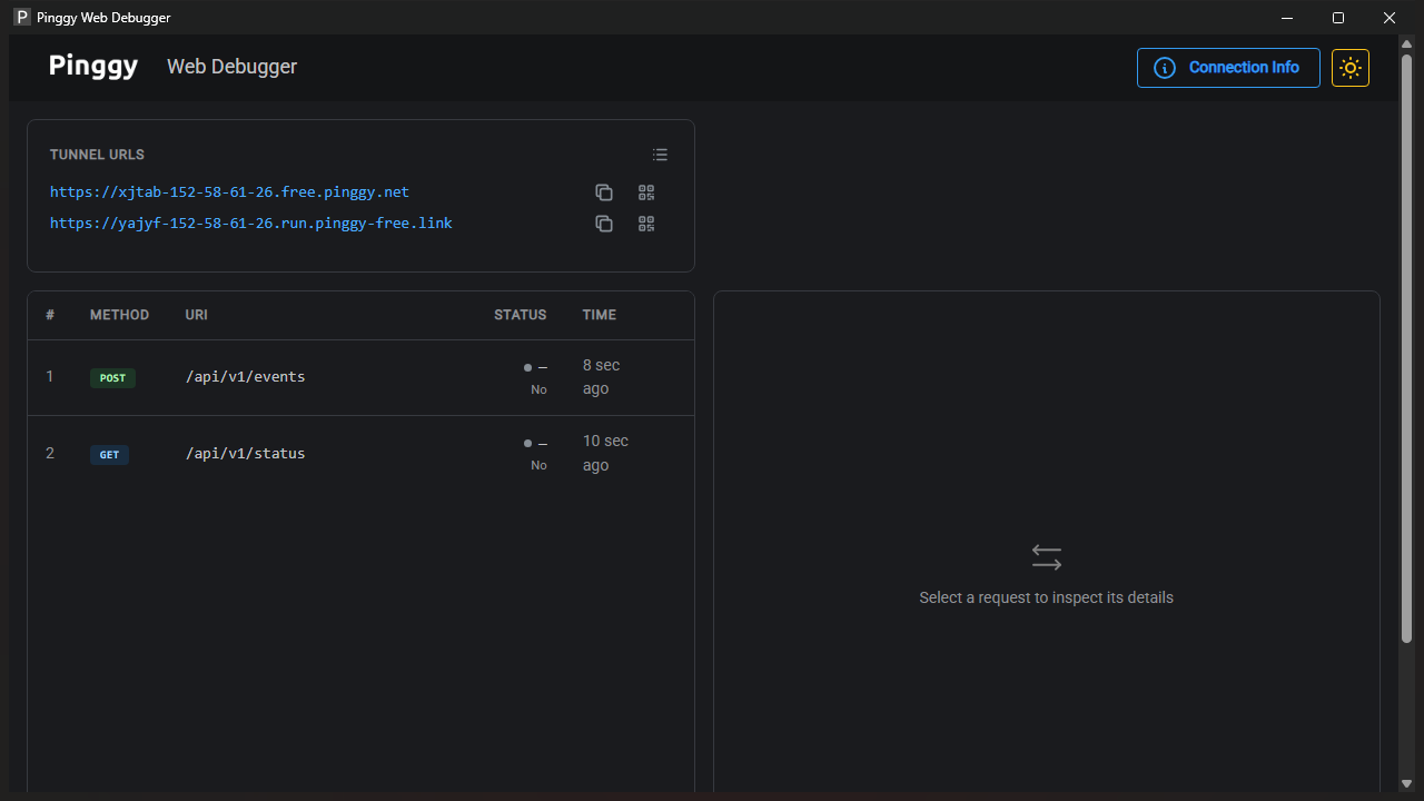 Pinggy local web debugger running on localhost:4300 showing incoming HTTP requests headers and response times